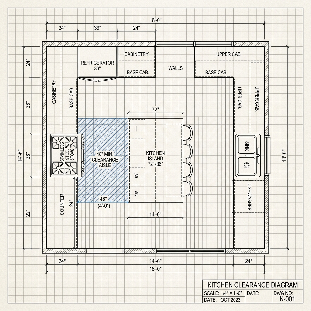 A blueprint diagram highlighting the 48-inch clearance aisles between a kitchen island and a stove