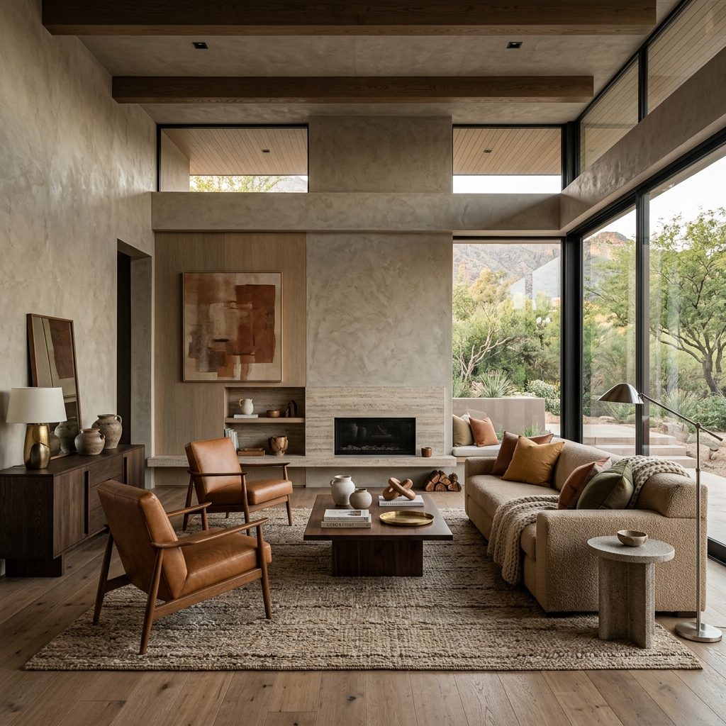 A modern living room showing a highly textured mix of warm neutral walls and layered earth-tone furnishings