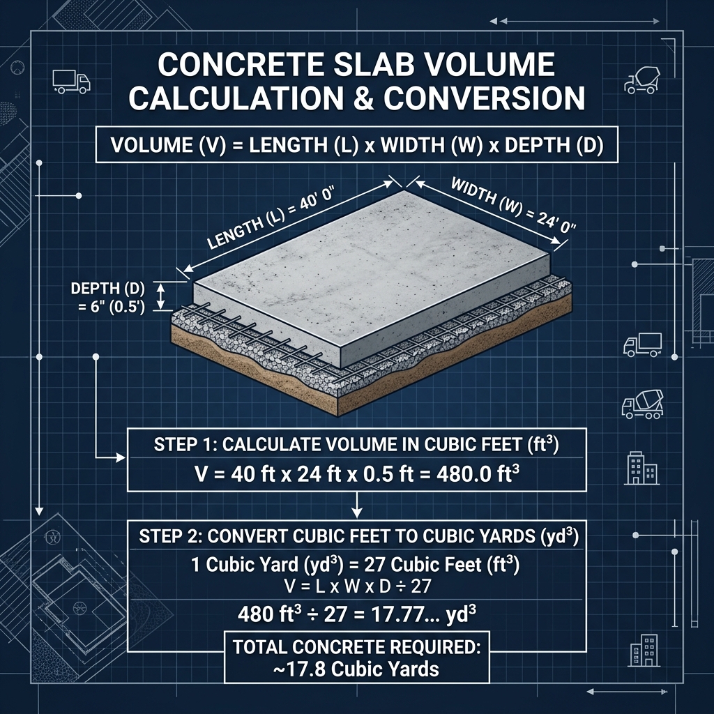 A mathematical diagram showing length times width times depth converting to cubic yards