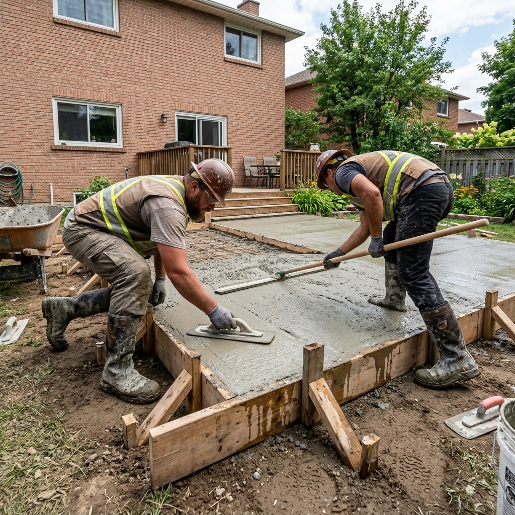 Workers smoothing wet concrete inside wooden forms in a backyard