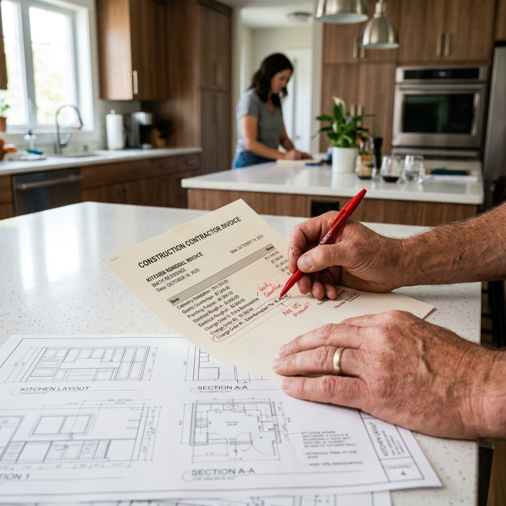 A homeowner reviewing a printed contractor invoice with a red pen on a kitchen island