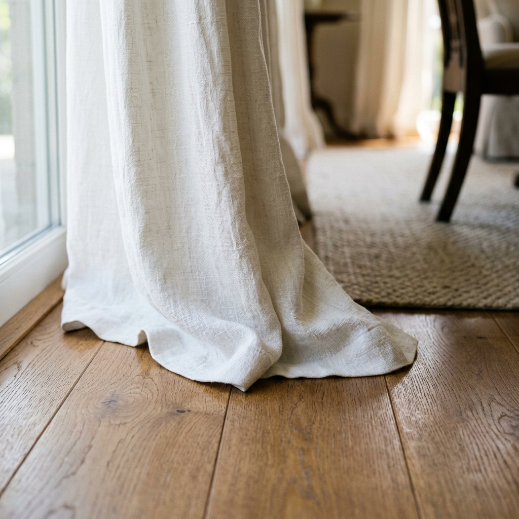 Close up of heavy linen curtains slightly grazing the floor in a living room
