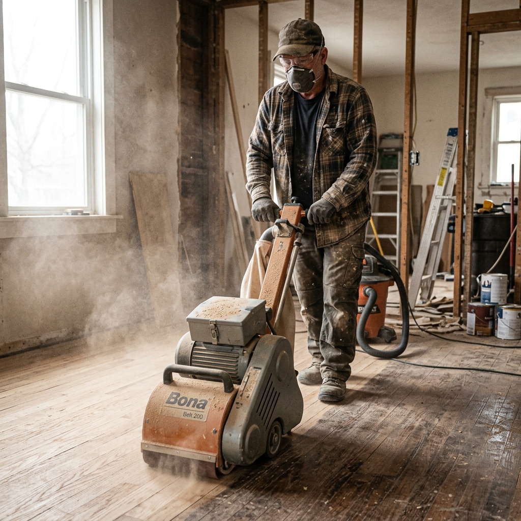A worker using a heavy floor sander to refinish a solid oak floor