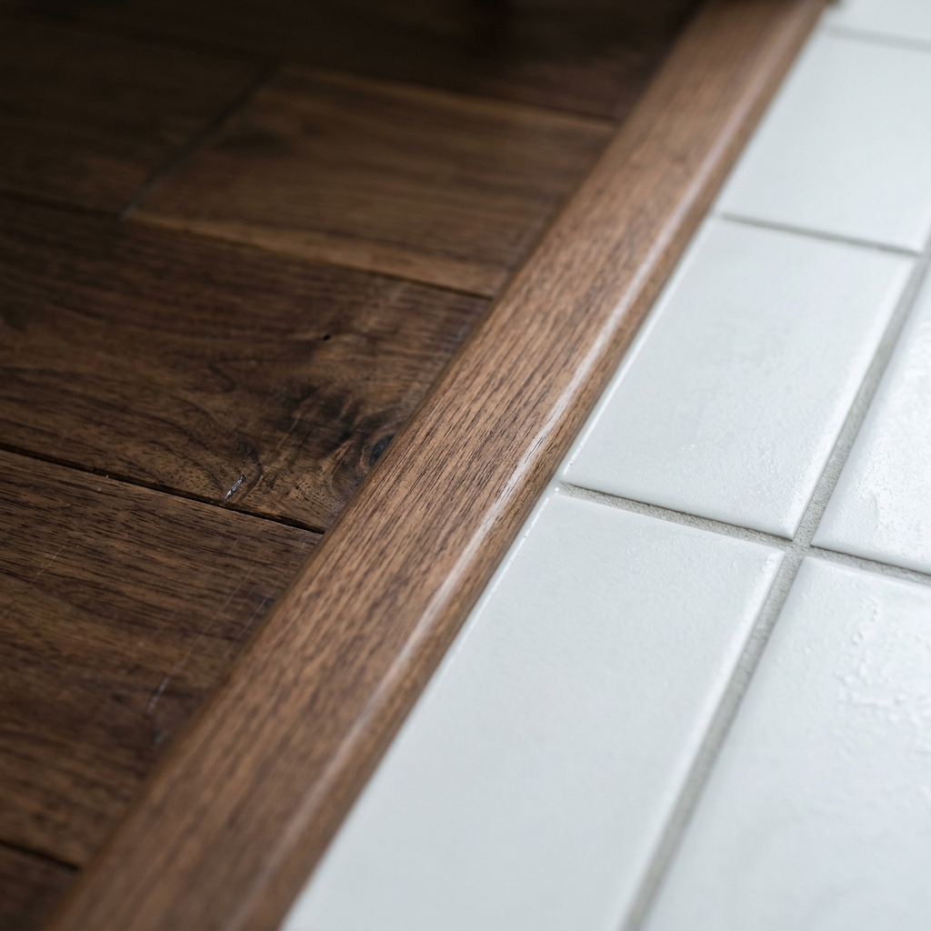 A close up of a custom wooden transition strip connecting hardwood to tile