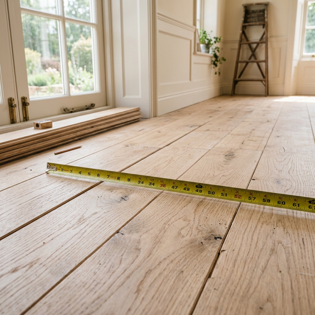 Measuring tape laid across unfinished hardwood floor planks