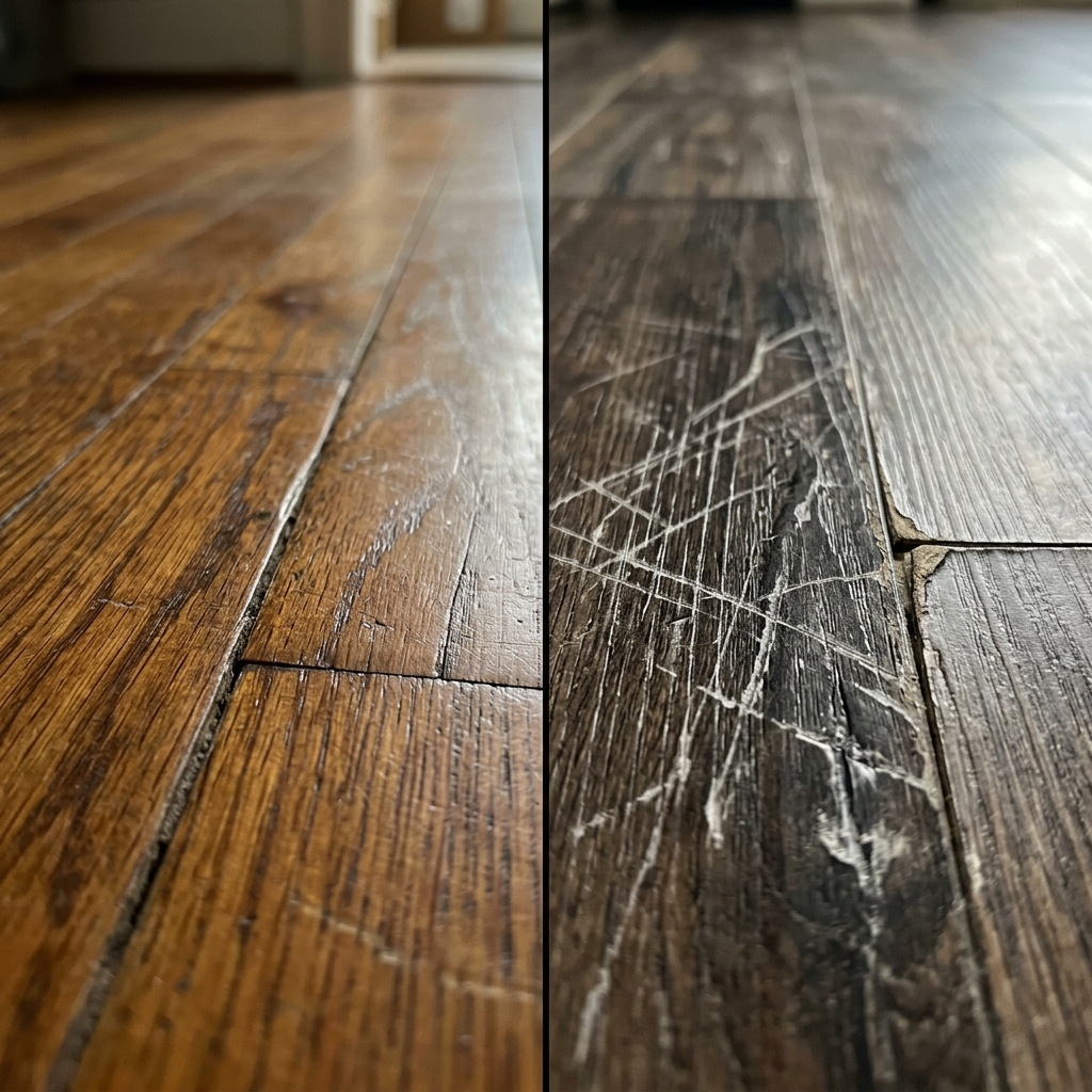 A side-by-side comparison of worn solid hardwood and damaged LVP