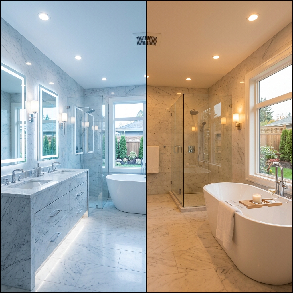 A side-by-side comparison of a bathroom lit with sterile blue 5000K light versus warm relaxing 2700K light