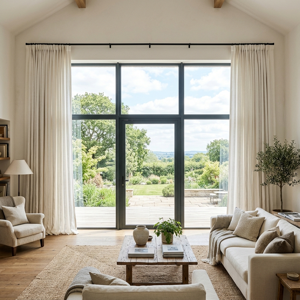 A wide shot of a living room window with the curtain rod mounted near the ceiling and fabric extending past the window edges