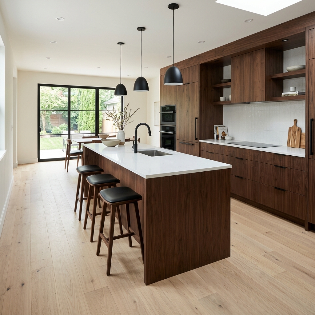 A modern kitchen showing dark walnut cabinets against very light ash wood floors
