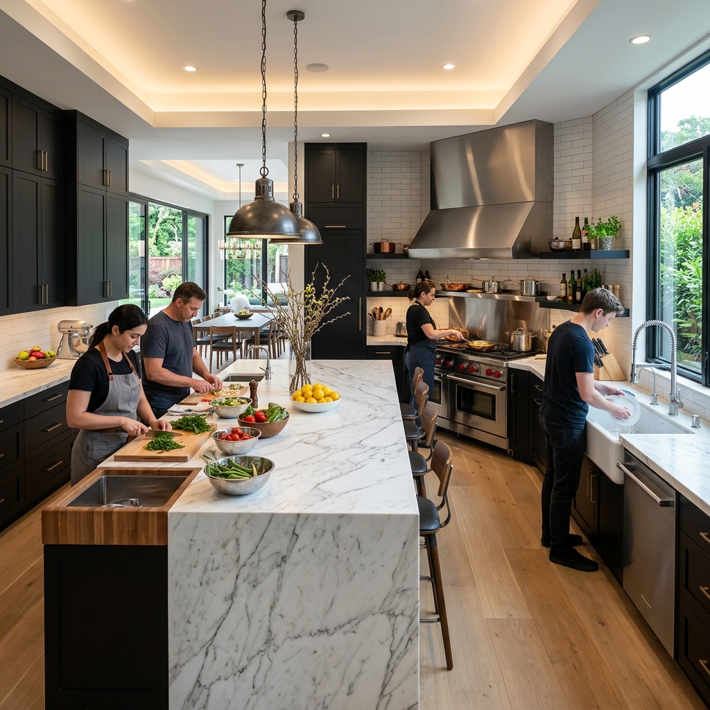 A massive modern kitchen showing distinct prep, cooking, and cleaning zones separated by a large island