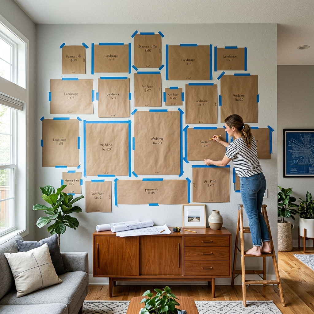 A large living room wall covered in brown kraft paper rectangles taped up with blue painter's tape to plan a gallery wall