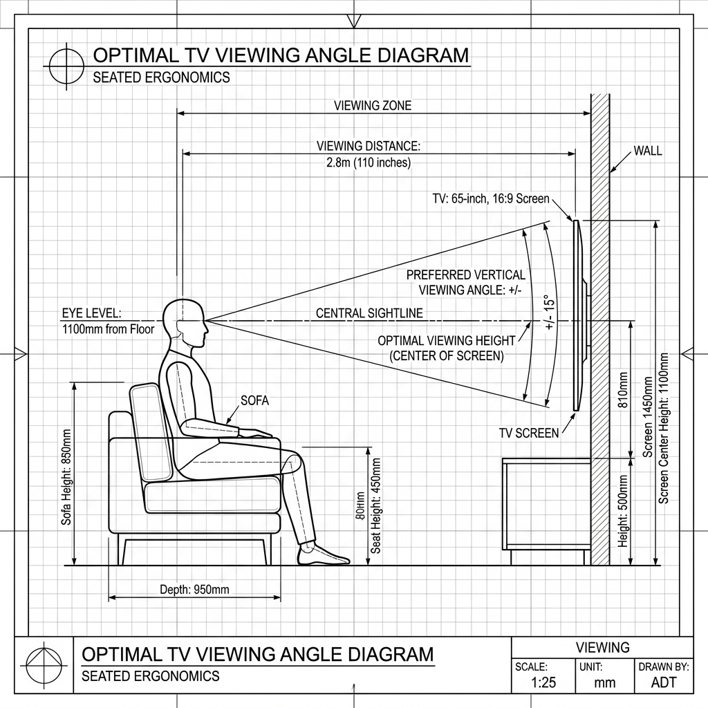 An ergonomic diagram showing the viewing angle of a person sitting on a sofa looking straight ahead at a TV