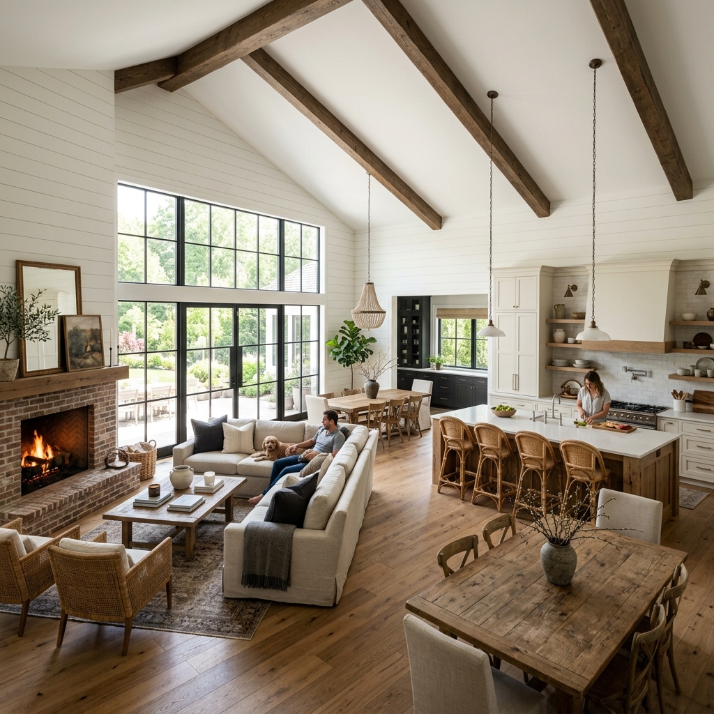 A wide shot of a modern open concept living room and kitchen