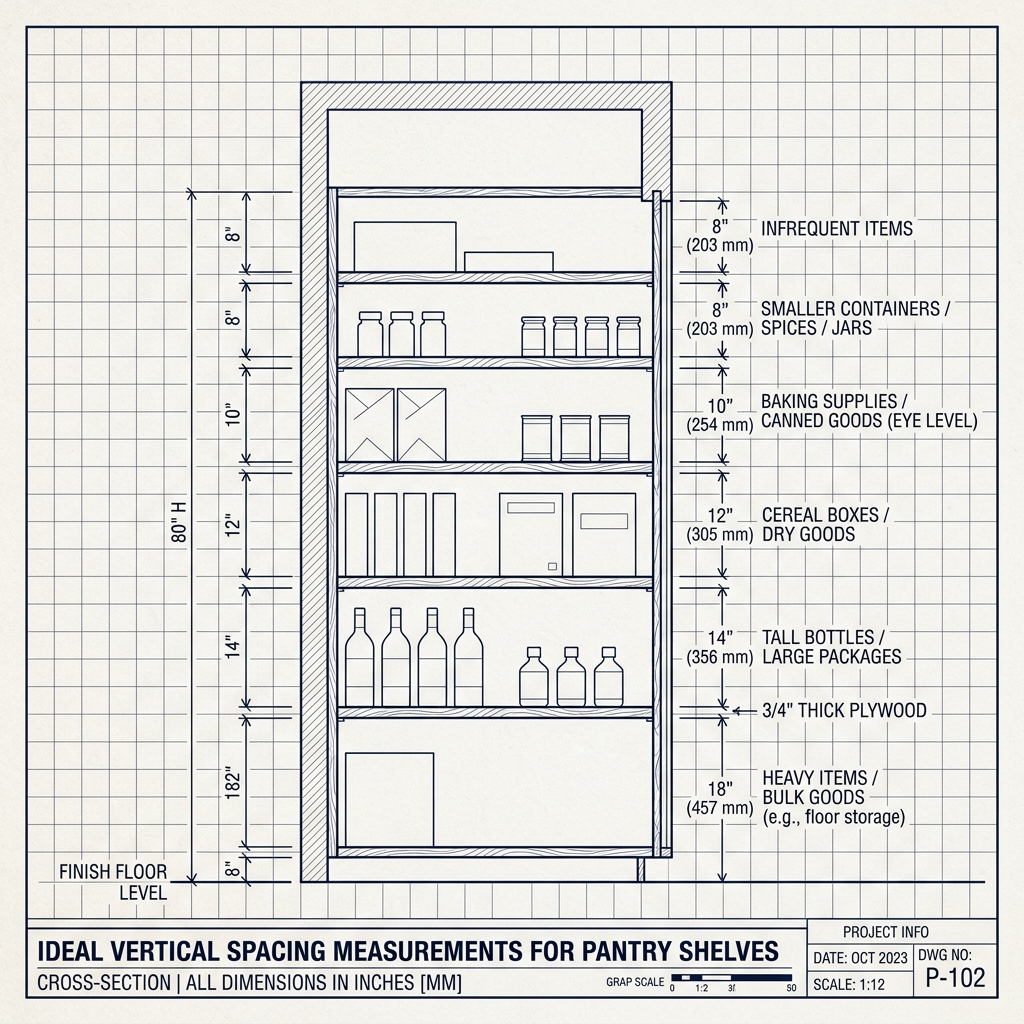 A blueprint diagram showing ideal vertical spacing for pantry shelves