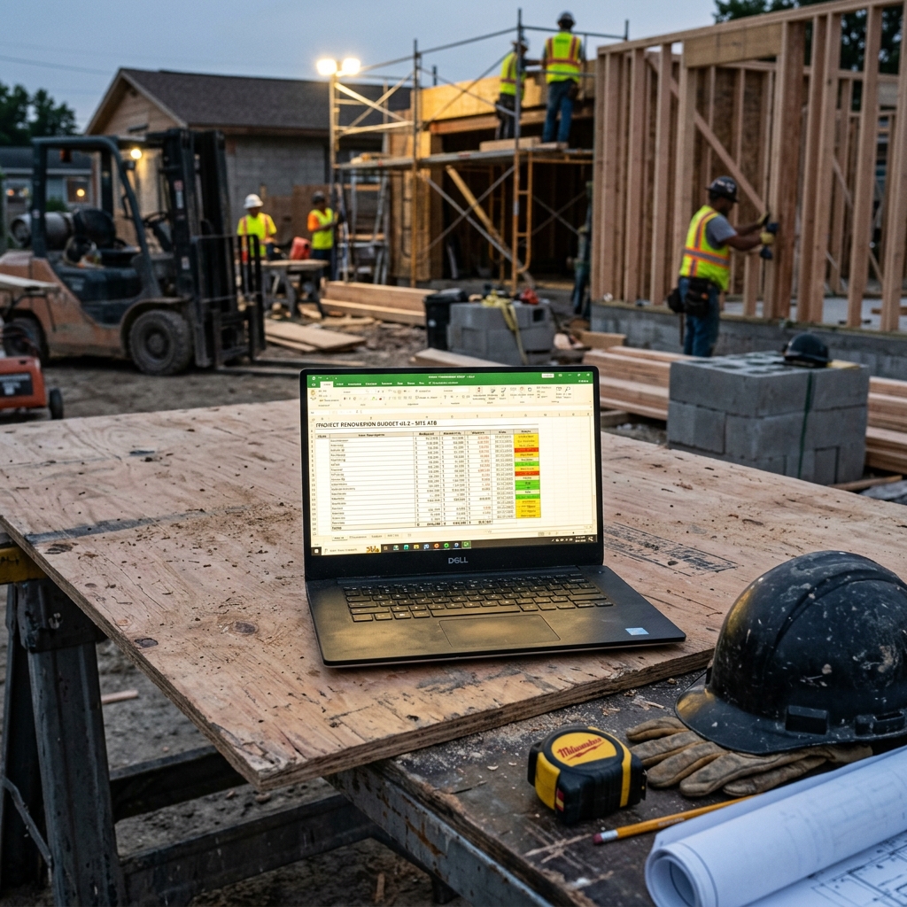 A glowing laptop screen showing a complex renovation budgeting spreadsheet on a construction site