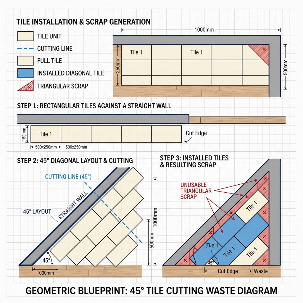 Diagram showing how corner cuts on a diagonal layout produce unusable scrap