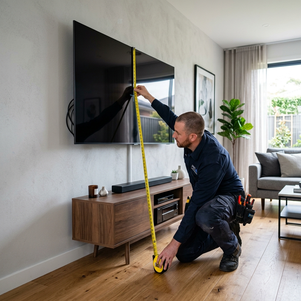 A man holding a tape measure from the floor to the center of a wall-mounted TV
