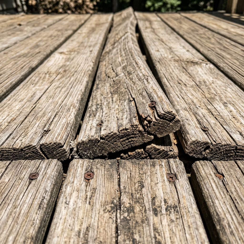 Close up of heavily warped and buckled wooden deck boards with no gaps between them