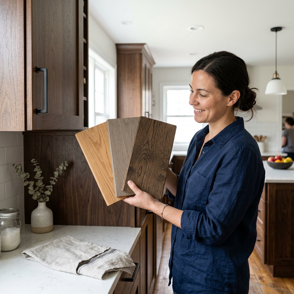 A person holding three different wood floor samples against a kitchen cabinet